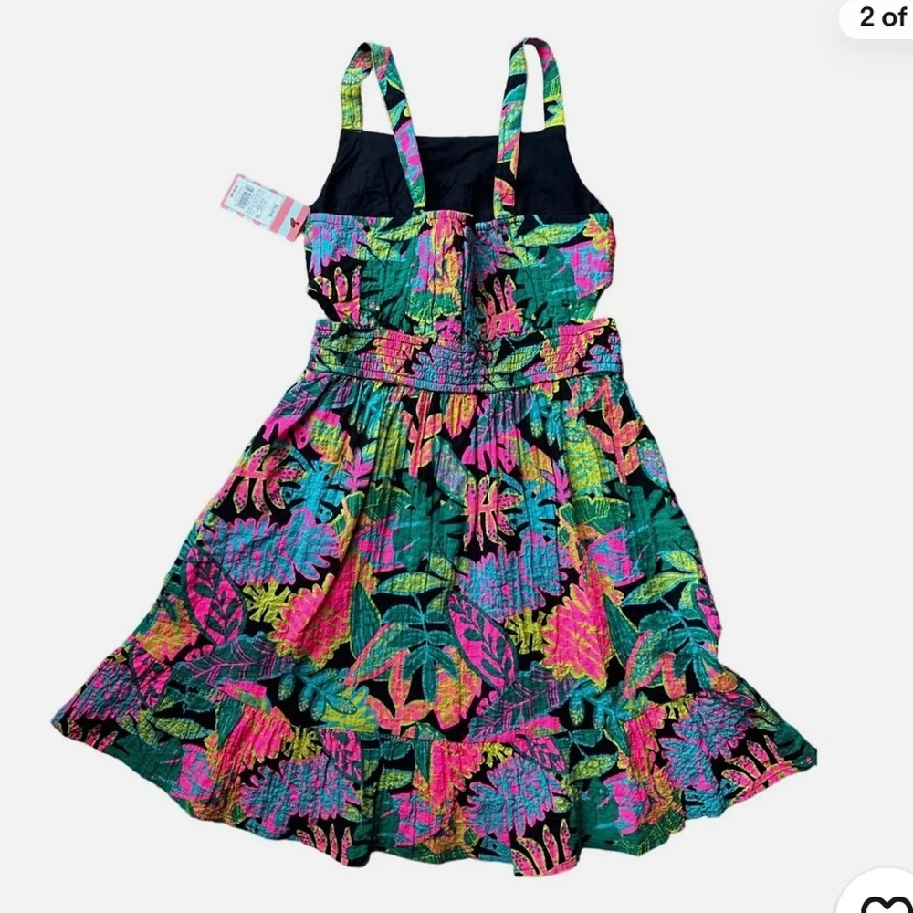 1. Girls Sundress - Tropical Foliage Print Dress - Black w Bright Colors